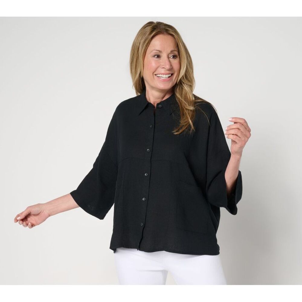 Peace Love World Black Button-Front Boxy Shirt